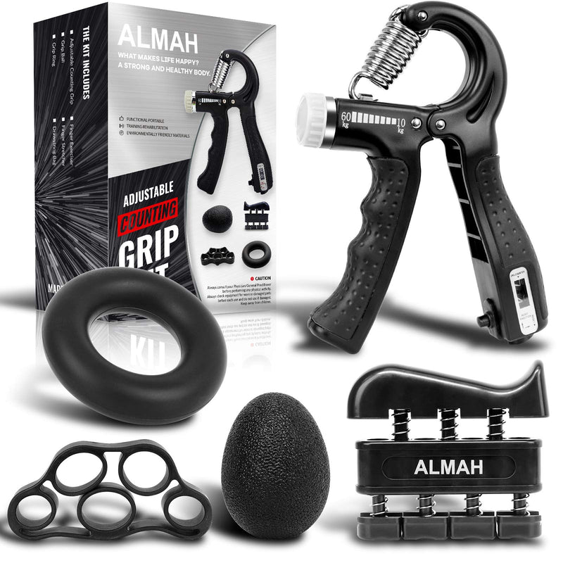 ALMAH Hand Grip Strengthener kit(5 Pack),Grip Strength Trainer,Forearm Workout Trainer Adjustable Hand Grip Exercise,Finger Strength Exerciser, Finger Stretcher, Grip Ring & Stress Relief Ball with Carry Bag - BeesActive Australia