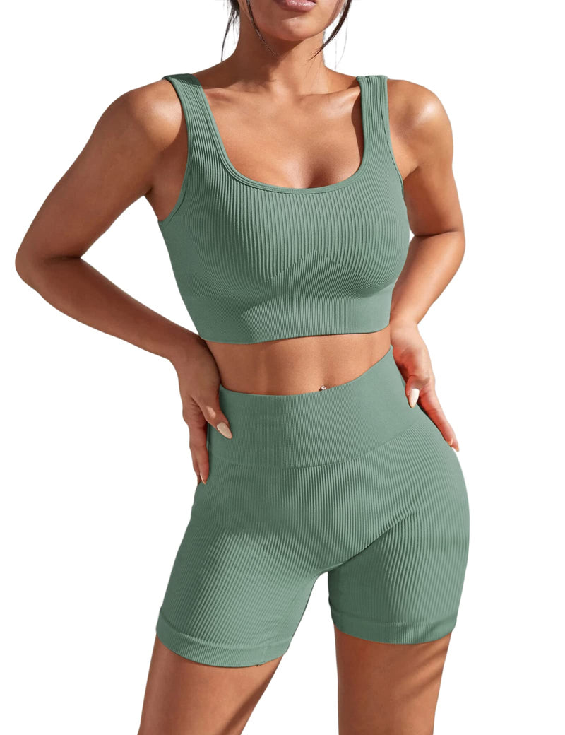 Chiphell Ribbed Workout Sets for Women 2 Piece Square Neck Crop Top and High Waist Biker Shorts Seamless Activewear Tracksuit Blue Small - BeesActive Australia