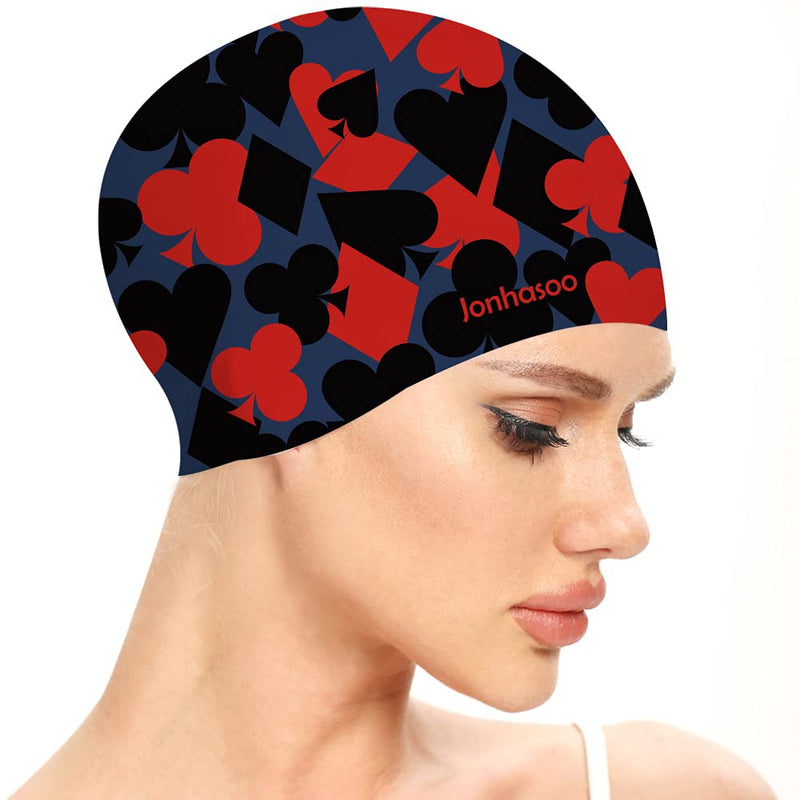 Jonhasoo Silicone Swim Cap for Women, Waterproof Swimming Caps with Poker Printed Navy-Red - BeesActive Australia