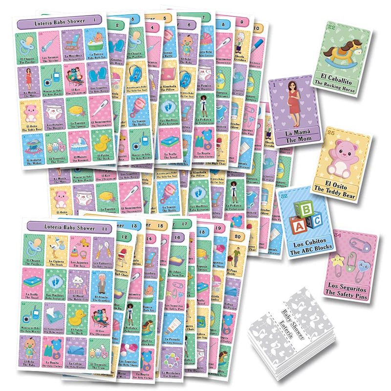 MoreFiesta Baby Shower Loteria Bingo - Bilingual English Spanish, for up to 30 Players, Multicolor - BeesActive Australia