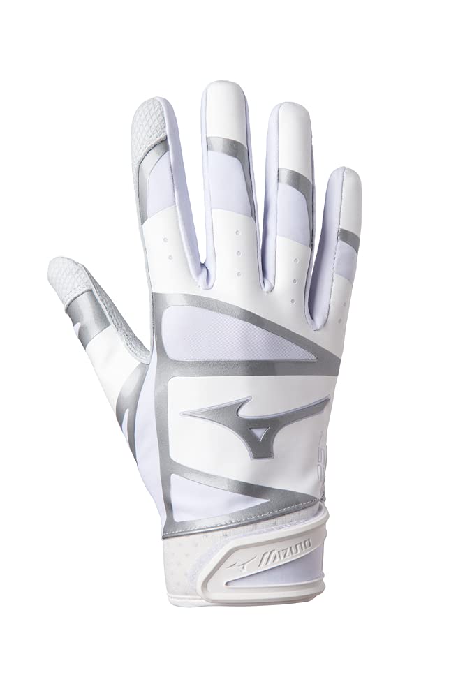 Mizuno F-257 Women's Softball Batting Gloves | Pair | Full Grain Leather Palm | AirMesh Inserts | QuikAdjust Wrist Tab Medium White-Silver - BeesActive Australia