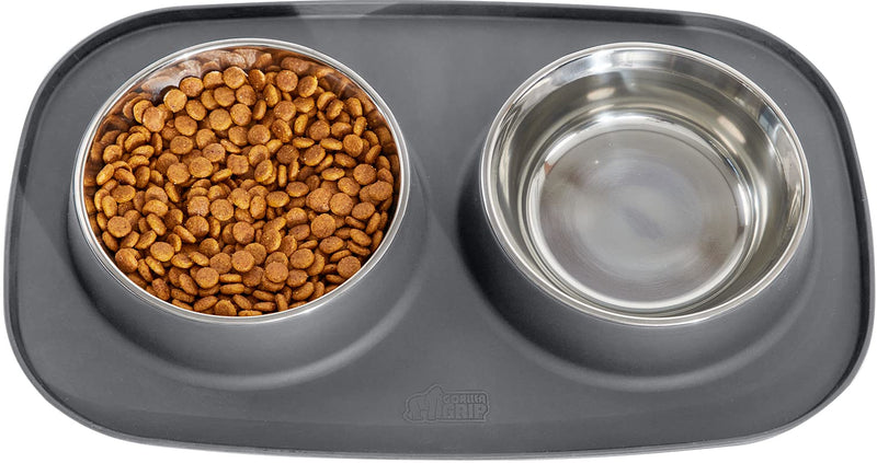 Gorilla Grip Slip Resistant Pet Bowls and Silicone Feeding Mat Set, Catch Water and Food Mess, Raised Edges for No Spills, Stainless Steel Cat and Dog Dish Bowl, Patent Pending Design 2 Cup Gray - BeesActive Australia