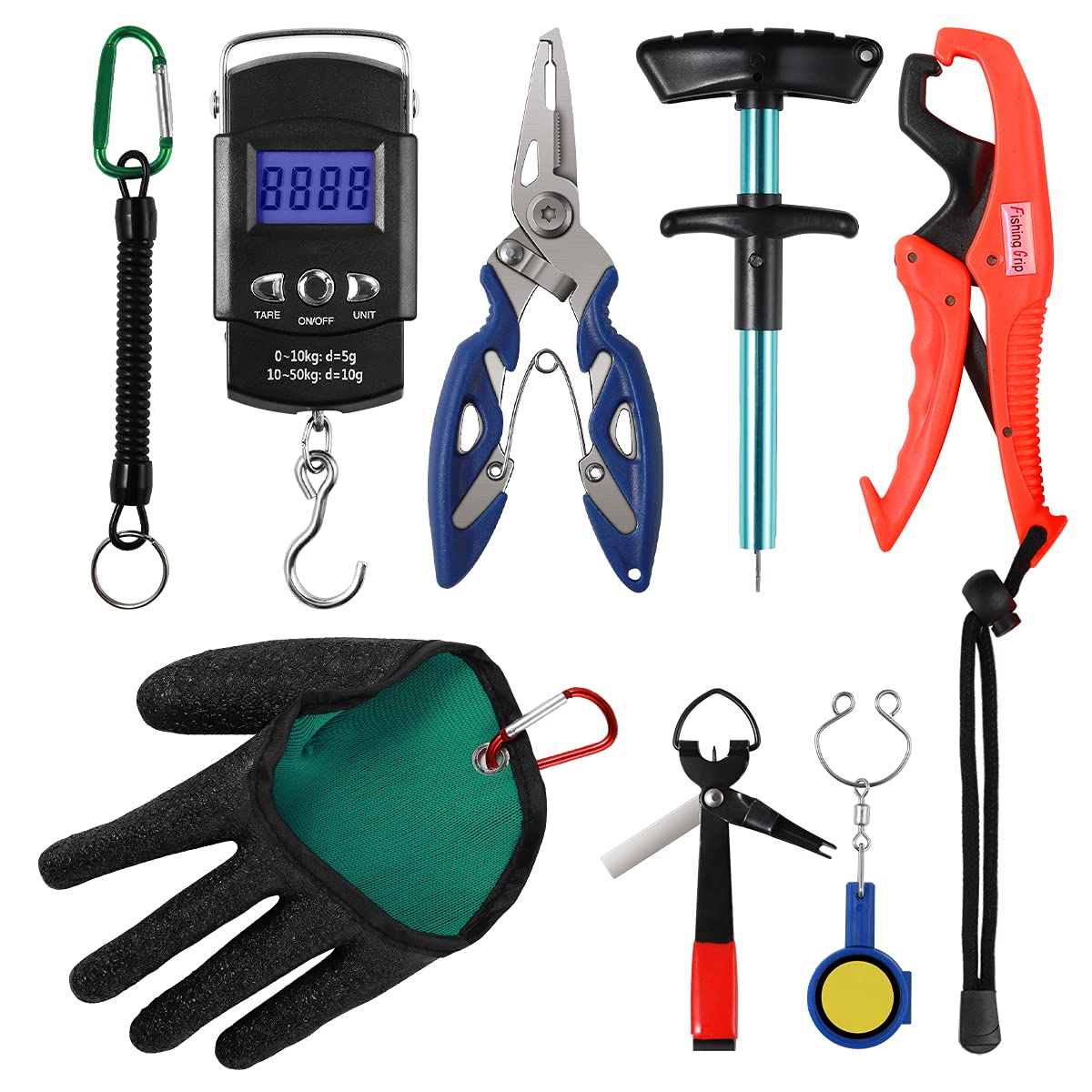 YUWU 8 Pack Fishing Tool Kit Set Includes Fish Gripper, Fishing Pliers,  Digital Fish Scale, Left Hand Glove, Quick Knot Tying and Hook Remover  Tool