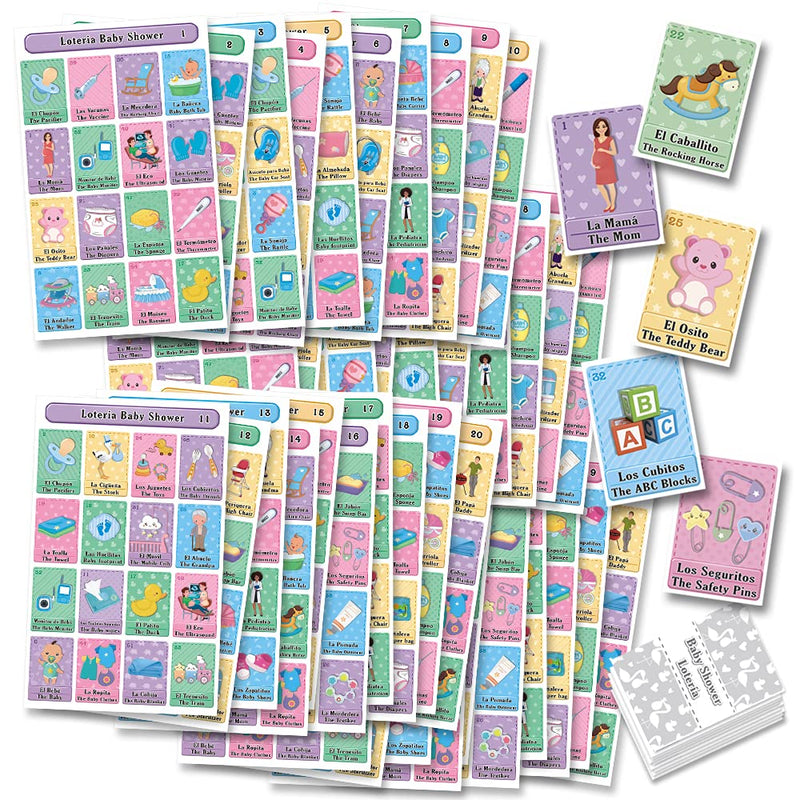 MoreFiesta Baby Shower Loteria Bingo - Bilingual English Spanish, for up to 40 Players, Multicolored - BeesActive Australia