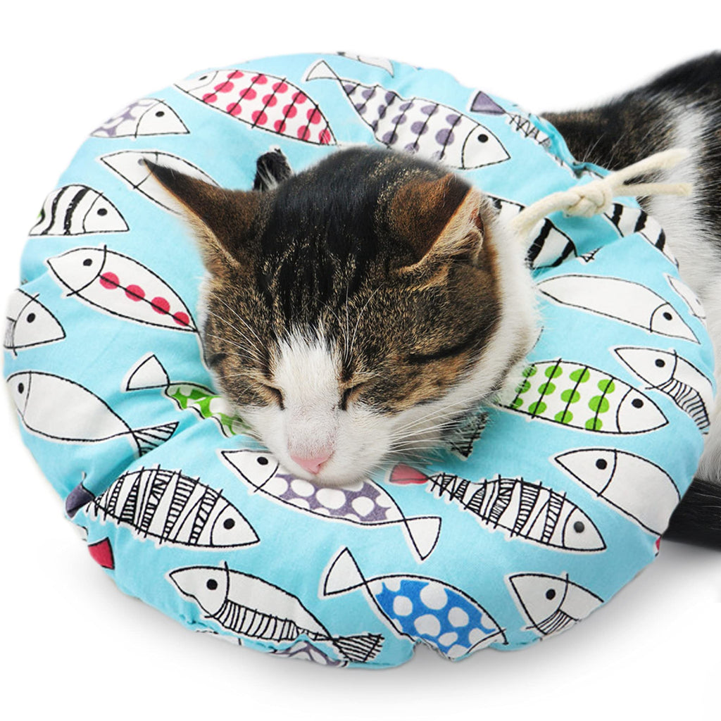 Inflatable Cat Recovery Collar Soft Cone, Cotton Material, Medium, Blue Color with Fish Print Design, 1 Pc per Pack - BeesActive Australia