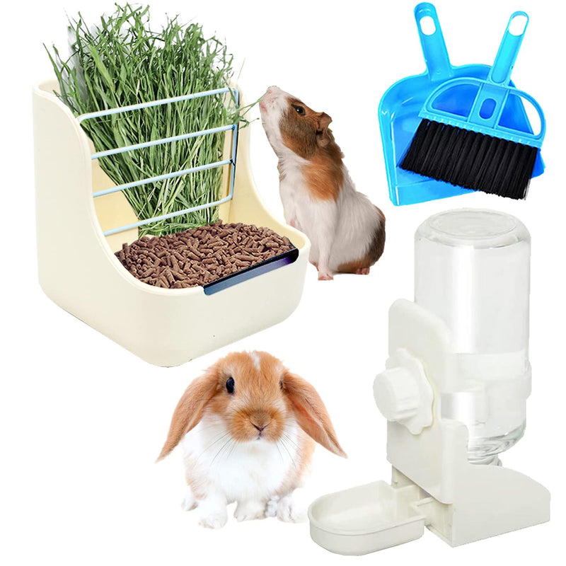 HERCOCCI Rabbit Hay Food Bin Feeder and Bunny Water Bottle Set, Hay Food Feeder Bowls Manger Rack with 500ml Hanging Water Dispenser Prevent Knock Over for Rabbit Guinea Pig Chinchilla Large WHITE - BeesActive Australia