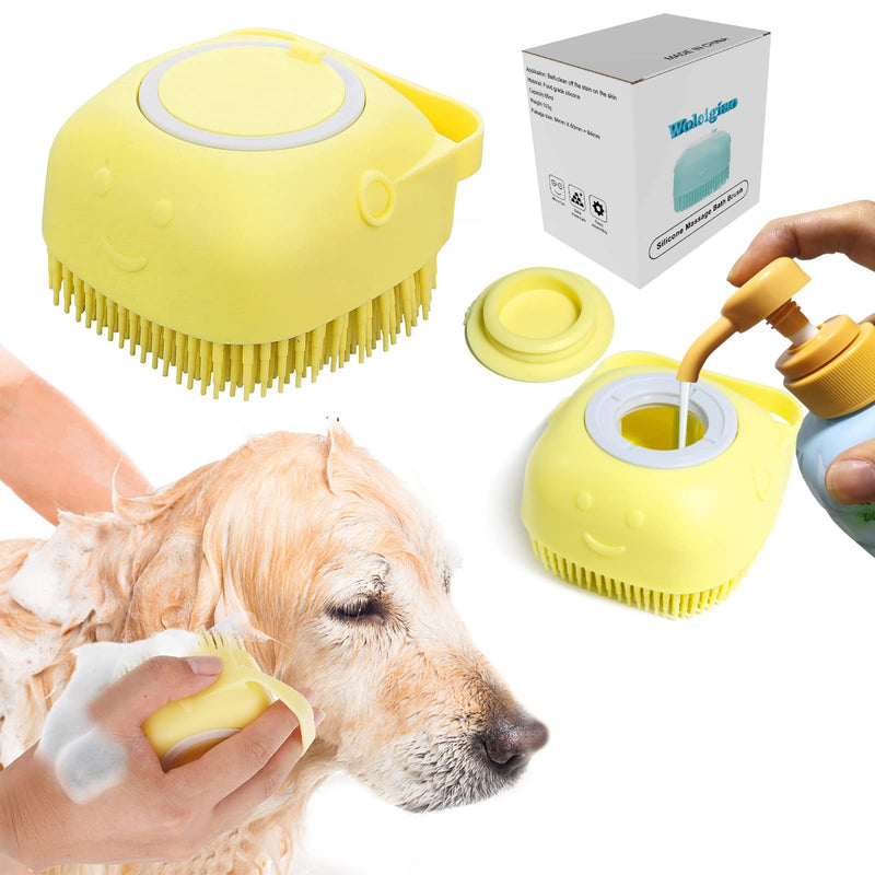 Dog Bath Brush, Pet Massage Brush Shampoo Dispenser, Soft Silicone Brush Rubber Bristle for Dogs and Cats Shower Grooming (Yellow) Yellow - BeesActive Australia
