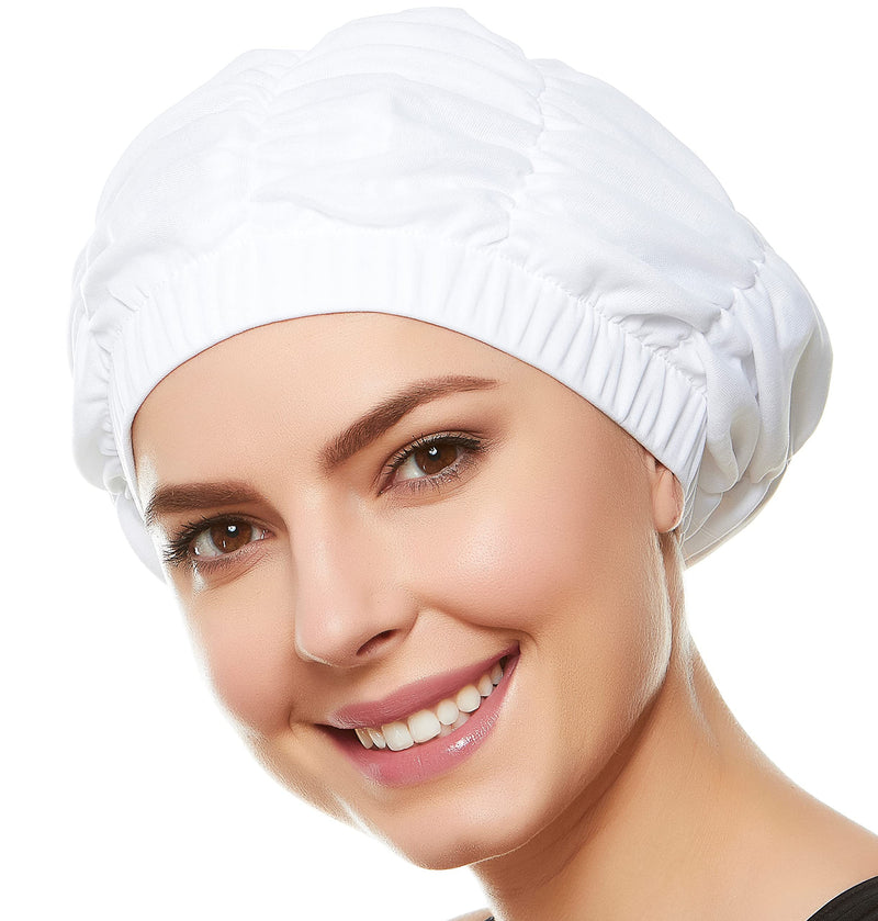 BEEMO Women’s Shower Cap – Shirred Retro Bathing Swim Turban Comfortable Stretch Polyester Turban with Waterproof Liner Protects Hair from Salt or Chlorine with Hidden Rubber Headband White - BeesActive Australia