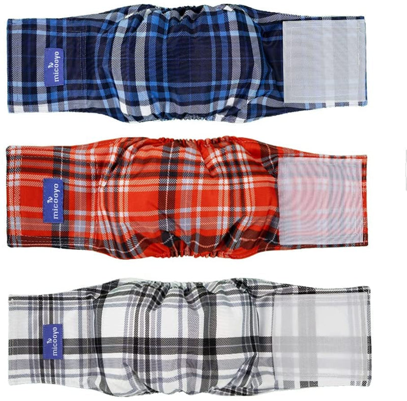 MICOOYO Washable Belly Bands for Male Dogs | Reusable Doggie Diapers | Absorbent Doggy Wraps with Adjustable Fastener (Pack of 3, Plaid Red & Blue & Grey) Grid S - BeesActive Australia
