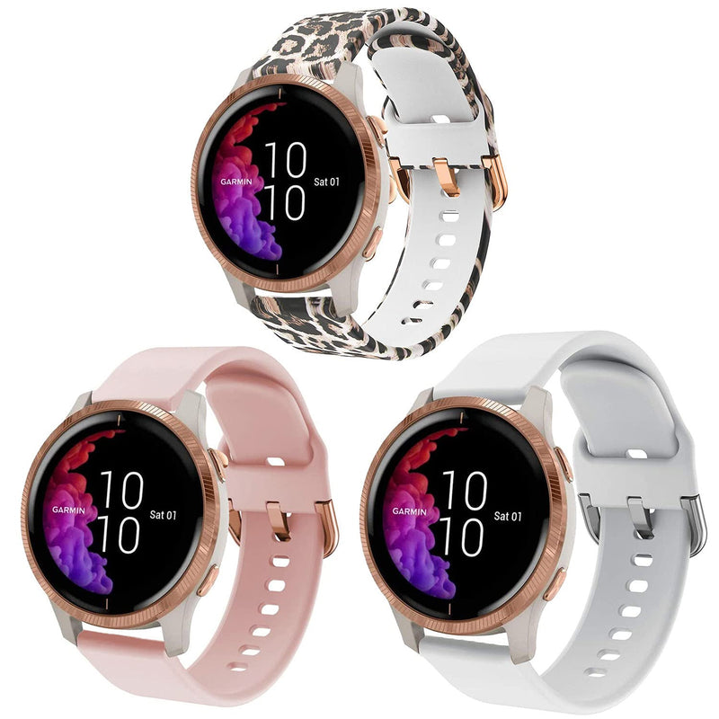 ViCRiOR Bands Compatible with Garmin Venu Smart Watch, Quick Release Soft Silicone Fadeless Pattern Printed Floral Replacement Band for Garmin Vivoactive 3 / Vivomove Luxe / Vivomove HR 3 Pack（Leopard + White + Pink） - BeesActive Australia
