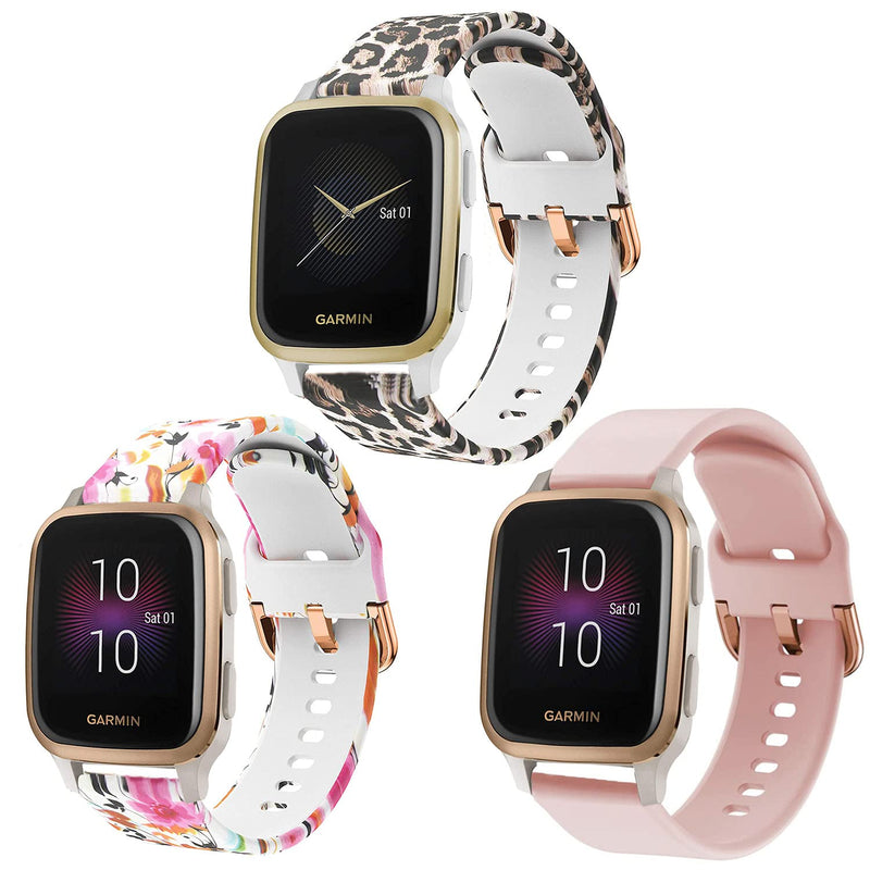 ViCRiOR Bands Compatible with Garmin Venu / Venu SQ Smart Watch, Quick Release Soft Silicone Fadeless Pattern Printed Floral Replacement Band for Garmin Venu sq Music 3 Pack（Leopard+Flower+Pink） - BeesActive Australia