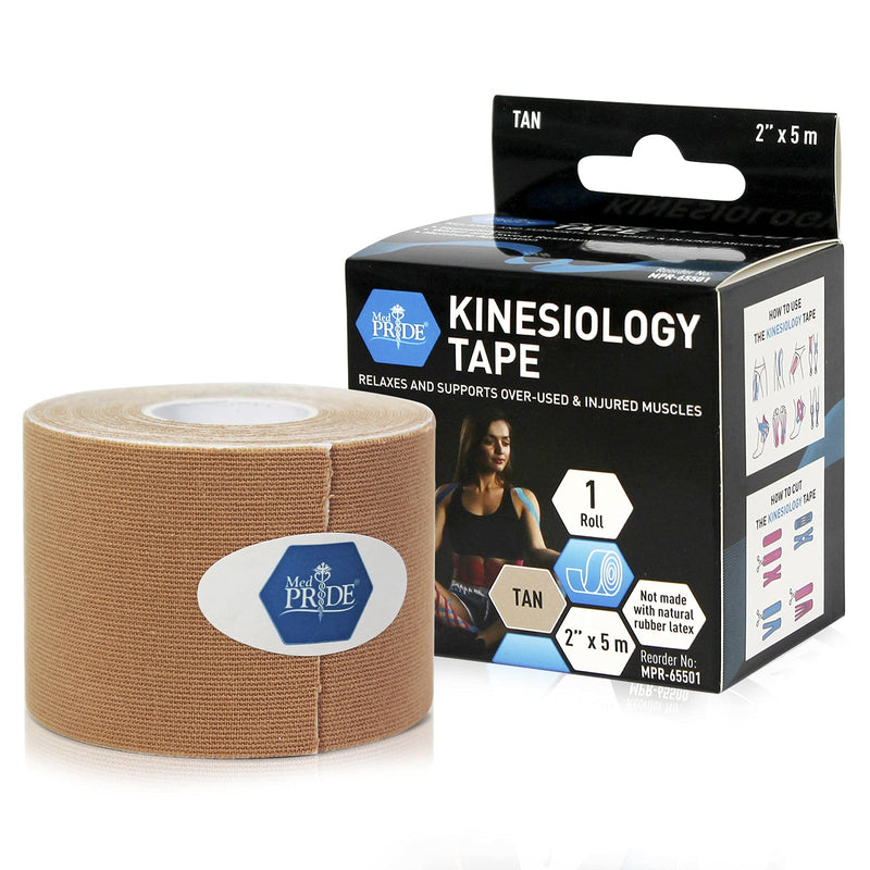 Medpride Kinesiology Tape - Latex-Free Athletic Tape for Pain Relief, Injured Muscle Support- Therapeutic Sports Tape Stabilizes Knee, Muscle & Joints- 1 Uncut Tape Roll [2” x 16.4 Feet] Tan - BeesActive Australia