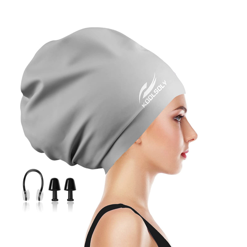 Extra Large Swimming Cap for Long Hair by KOOLSOLY,Large Silicone Swim Cap for Women Girls Men and Adult Special Design for Very Long gray - BeesActive Australia