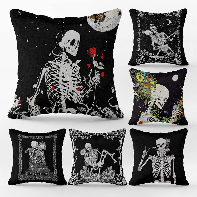 (RB) Skull The Kissing Lovers Art Flannel Throw Pillow Case, 18 x 18 Inch Set of 6, Gift for Wife, Girlfriend, Gift for Couples, Skull Lovers, Wedding,Skull Theme Room Cushion Cover for Sofa Couch Bed - BeesActive Australia