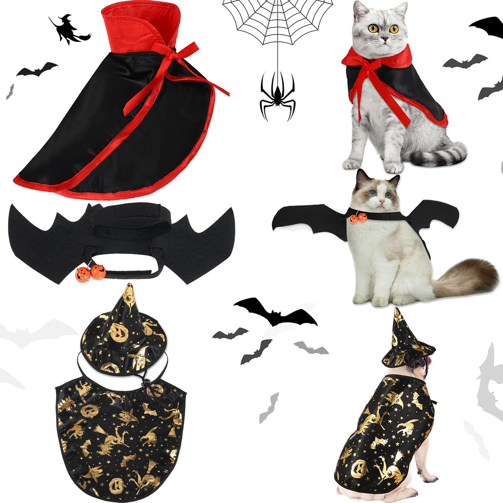 Frienda 4 Pieces Halloween Pet Costume Sets Cat Bat Costume with Bell Halloween Pet Cat Witch Cape Pet Vampire Costume Cloak Cat Witch Hat for Cats Kitten Puppy Cosplay Party Decoration - BeesActive Australia