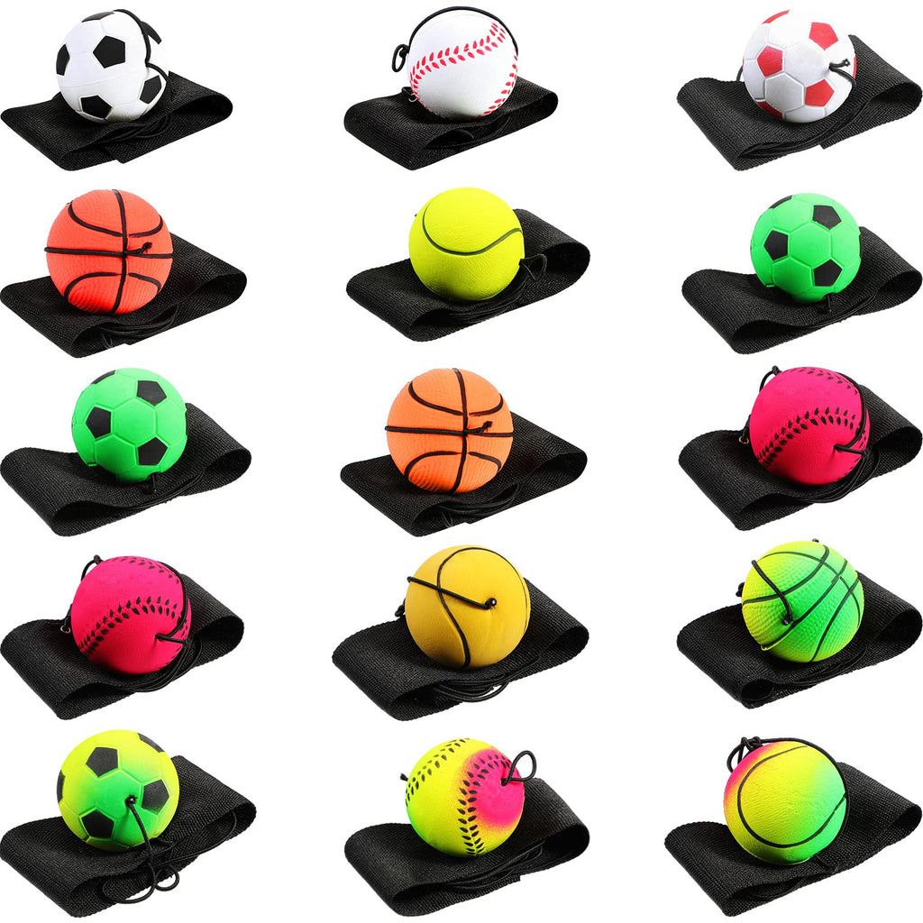 15 Pieces Wrist Return Ball Rubber Sport Ball with Wrist Strap and String Rebound Bouncy Balls Wrist Rebound Toy on Elastic String Ball Wrist Toy for Children Adults Wrist Exercise Play, Multi Color - BeesActive Australia