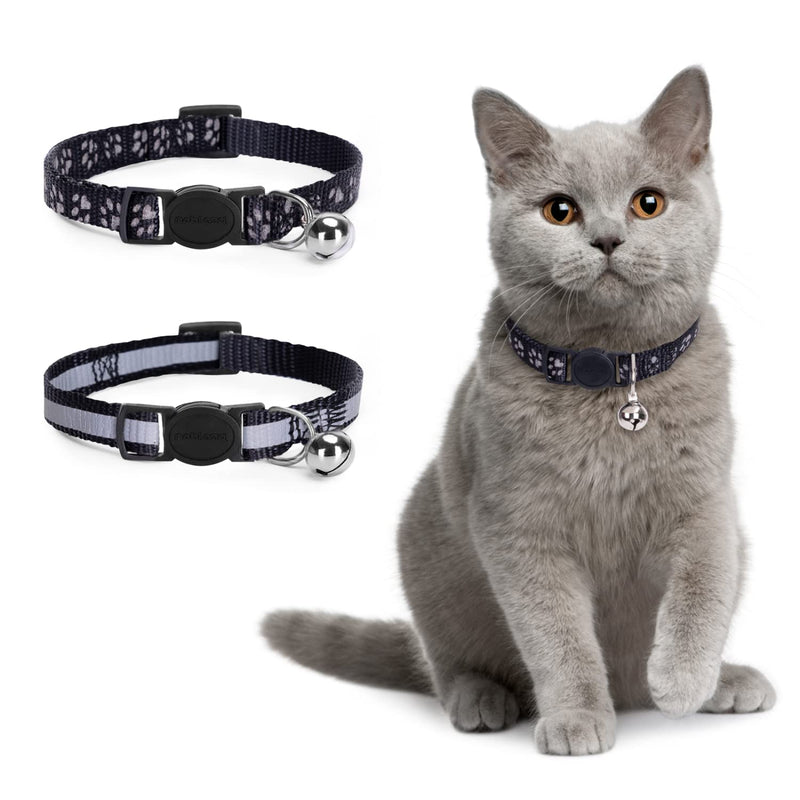 Nobleza Kitten Collar with Bell, 2 Pack Breakaway Cat Collars with Safe Quick Release Buckle, Paw Print & Strip Reflective Adjustable Soft Pet Collar Black - BeesActive Australia