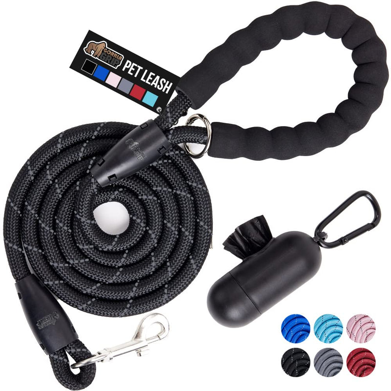 Gorilla Grip Durable Dog Leash, Soft Handle, Reflective Rope Pet Leashes for Puppy, Small and Large Dogs, Rotating Clip, Waste Bag Dispenser 5 Feet x 1/2 Inch Black - BeesActive Australia