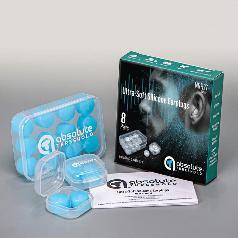 Ultra soft silicone earplugs for sleeping, travel, swimming, working, snoring, reusable, moldable, waterproof, noise reduction, noise cancelling, 8 Pairs, with 2 travel cases Premium Pack (Light Blue) Light Blue - BeesActive Australia