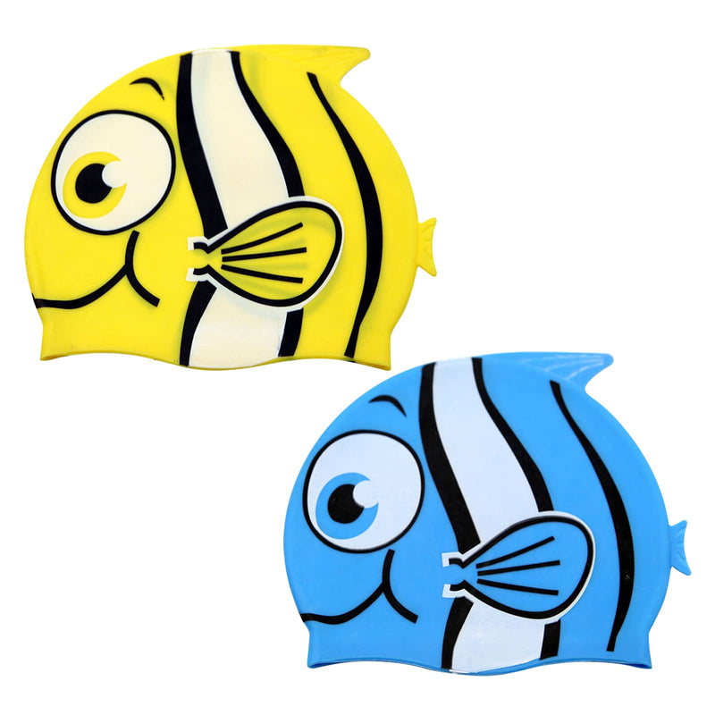 2Packs Kids Cartoon Fish Swim Caps Children Elastic Swimming Hats Silicone Swimming Caps for Girls and Boys Waterproof Stretchy Swim Bathing Caps Keep Hair Clean Dry (1*Blue and 1*Yellow ) - BeesActive Australia