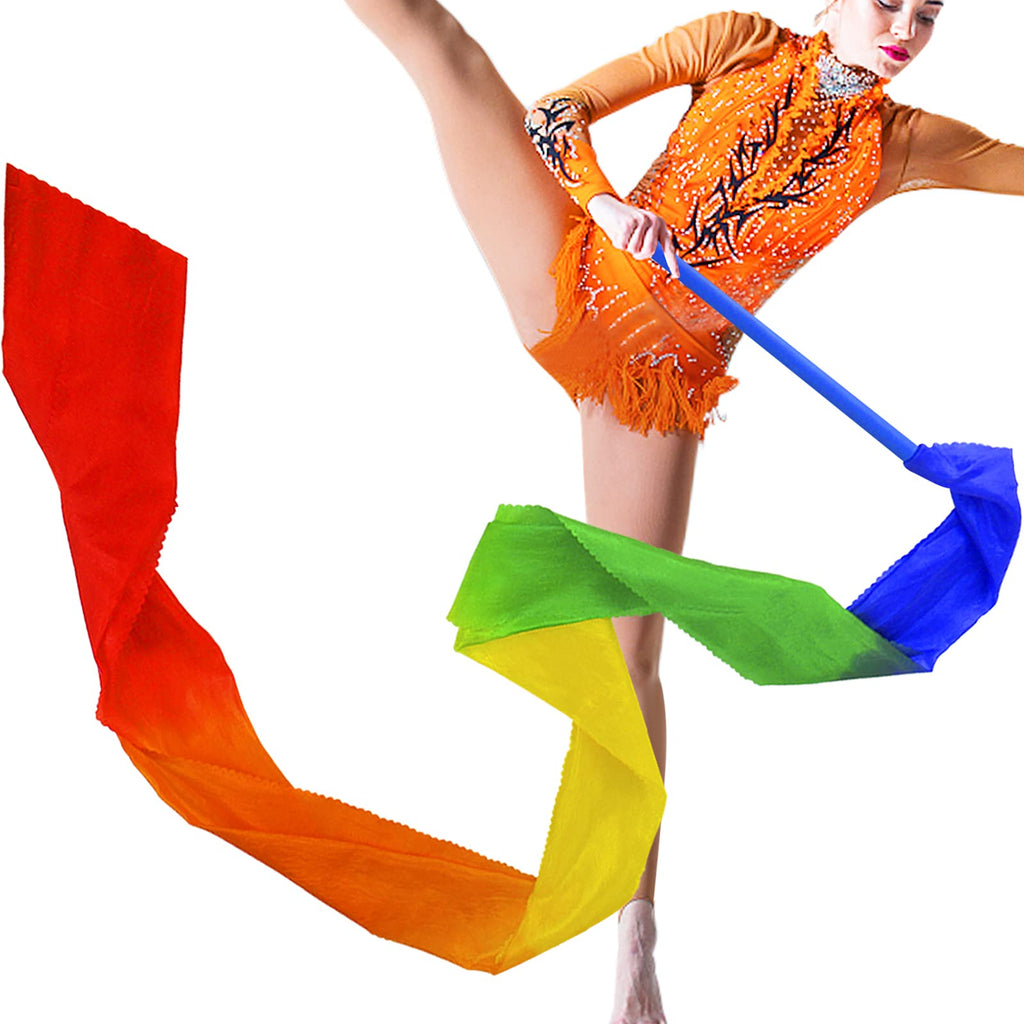 59Inches Long Silk Rainbow Ribbon Belly Dance Ribbon Rhythmic Gymnastics Yangko Dancing Streamers Riband Baton Twirling Rod - BeesActive Australia