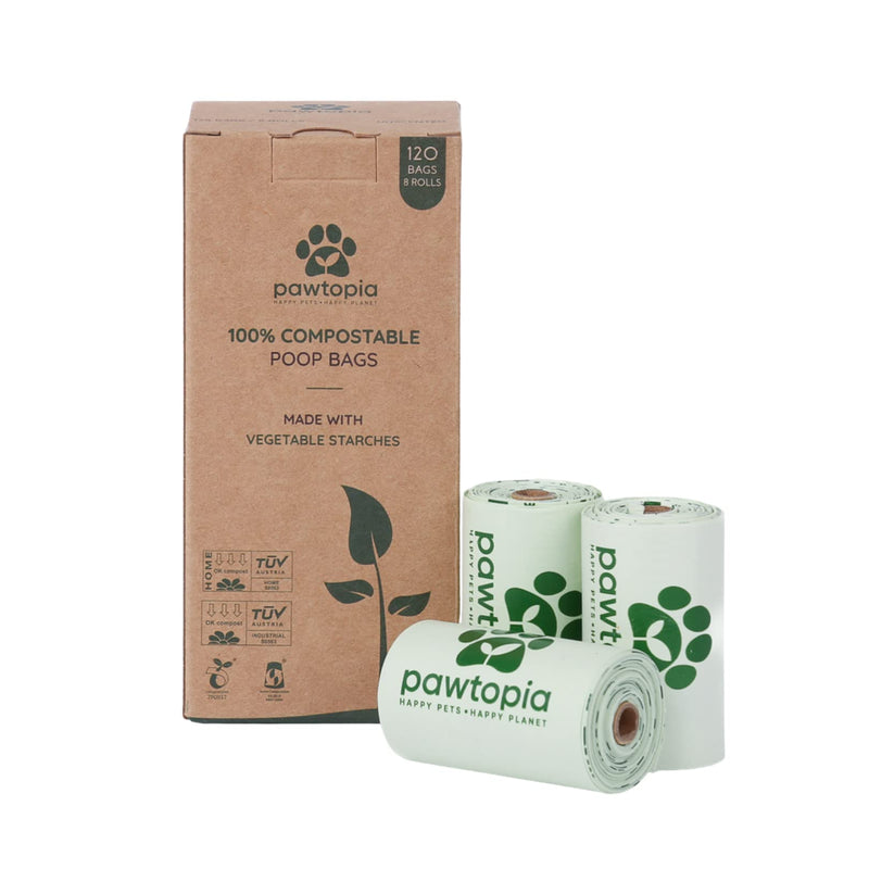 Pawtopia Certified Home Compostable Dog Poop Bags (120 Bags), Biodegradable Poop Bags, Cat Litter, Vegetable Starches, Eco-friendly Dog Waste Bags, Leak proof, Easy to Open, Give Back 120 Count (Pack of 1) Rolls only - BeesActive Australia