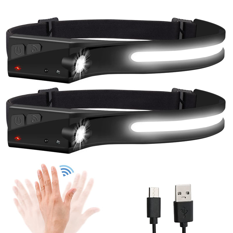Headlamp Flashlight, 2Pack Rechargeable LED Headlamps 1200Lumens 2 COB 230°Wide Beam Headlight with Motion Sensor Bright 5 Modes Lightweight Waterproof Head Lamp for Outdoor Running, Camping Hiking Black+black - BeesActive Australia