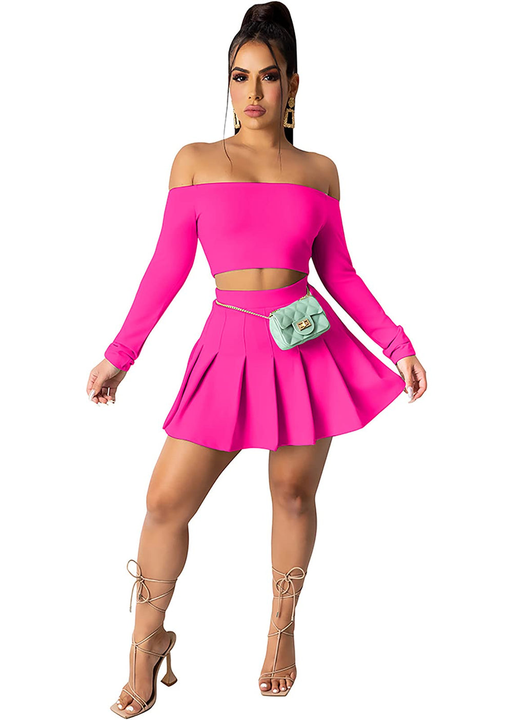 Skirt Sets Women 2 Piece Outfits - Sexy Halter V Neck Crop Top Tennis Golf Mini Skater Skorts Skirts Athletic Dress Suit Medium Rose - Off Shoulder - BeesActive Australia