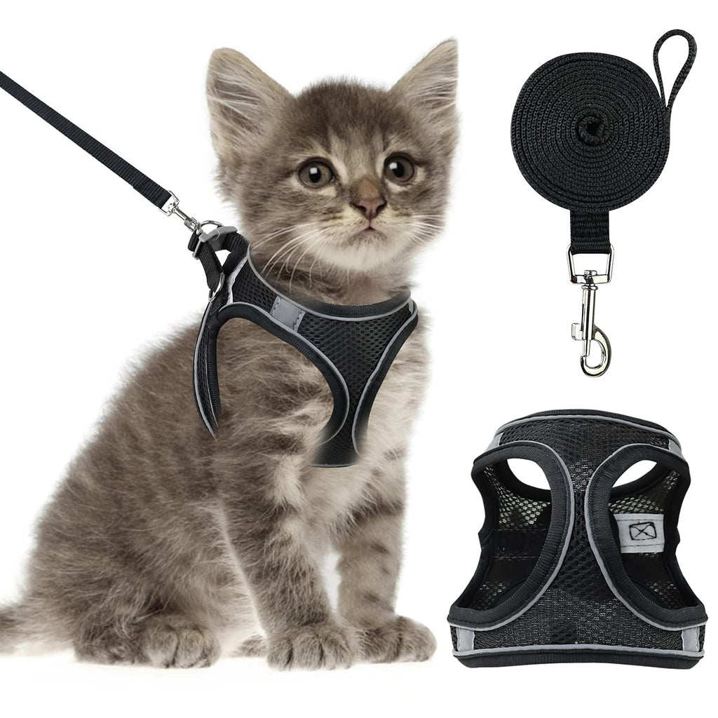 Cat Harness and Leash- Reflective Mesh Cat Vest for Walking Outdoor- Escape Proof Kitten Puppy Vest Harness -Comfort Fit, Lightweight, Easy Control X-Small Black - BeesActive Australia