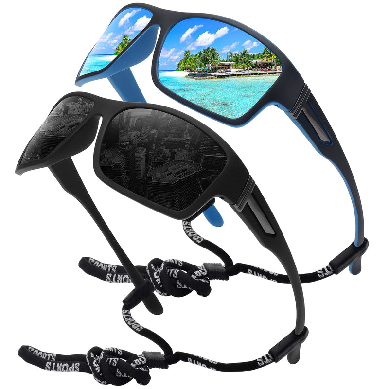 STORYCOAST Polarized Sports Sunglasses for Men Women Unbreakable Frame Cycling Fishing Driving 2pack Black+blue Mirror - BeesActive Australia