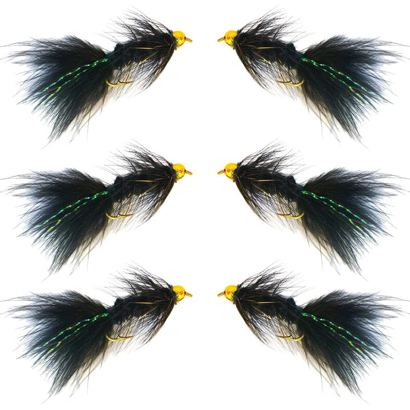 Thor Outdoor BH Woolly Bugger Streamer Fly - 6 Pc Fly Fishing Set – 1/2 Dozen Wet Flies for Trout, Panfish, and Bass Black Flash - Size #8 - BeesActive Australia