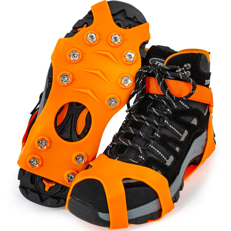 11 Spikes Crampons, Upgraded Version Stainless Steel Anti-Slip Microspikes, Ice Cleats Grips for Hiking Shoes and Boots, Hiking Fishing Walking Mountaineering Orange Upgrade Stainless steel Large[US Men:12-15 Women:14-17/EU:44-48] - BeesActive Australia