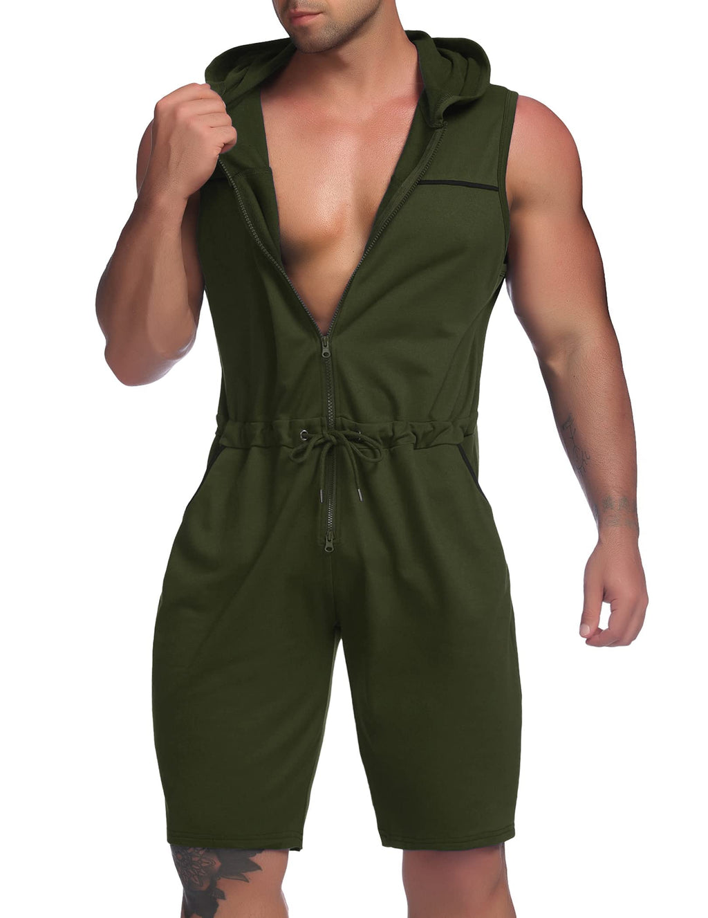 COOFANDY Mens Jumpsuits One Piece Shorts Casual Fashion Comfy Sleeveless Slim Fit Hooded Zipper Rompers Bodysuit with Pockets Army Green XX-Large - BeesActive Australia