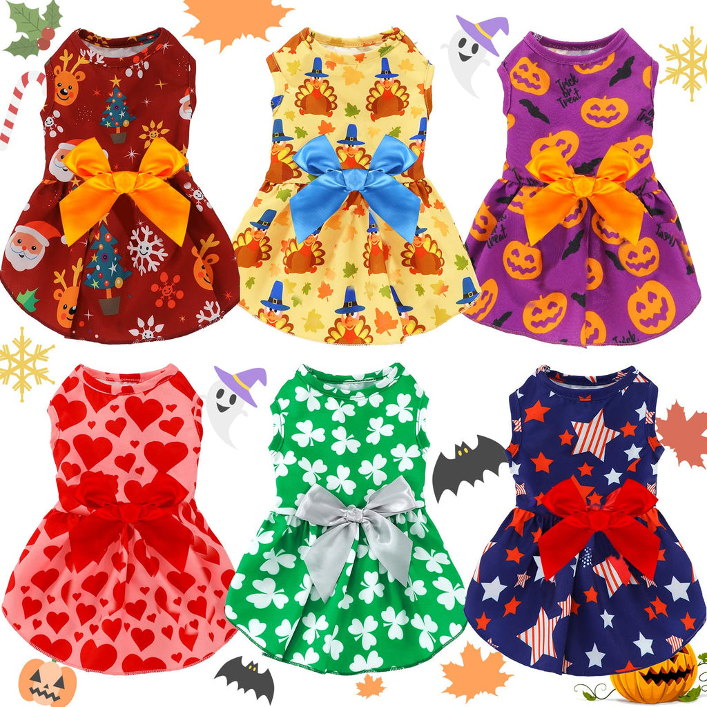 6 Pieces Holiday Dog Dress for Small Dogs Christmas Pet Dresses Thanksgiving Skirts Dog Bowknot Puppy Festival Skirts Christmas Cute Apparel Girl Clothes for Small Dogs Cats Animal L (7-9lbs） - BeesActive Australia