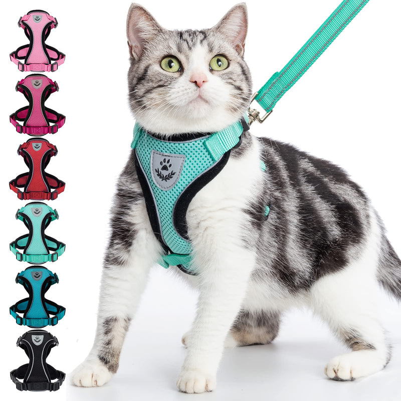 PUPTECK Cat Harness and Leash Set- Adjustable Vest Escape Proof Harness for Kitten Small Medium Cats, Retractable Breathable Soft Mesh for Outside with Reflective Strips M-Neck:11- 13.7" Chest: 18- 20" Green - BeesActive Australia
