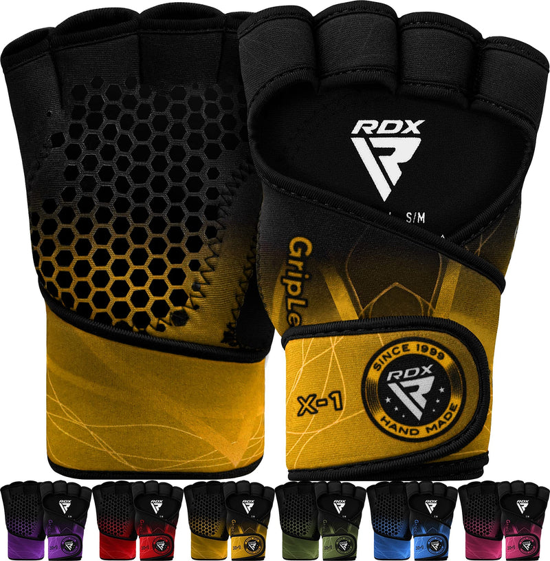 RDX Weight Lifting Gloves Grips Fitness Gym Workout, Long Wrist Support, Ventilated Open Back Anti-Slip Gripper, Strength Training Deadlift HIIT Exercise, Women Men Cycling Climbing Gymnastics Rowing Yellow S/M - BeesActive Australia