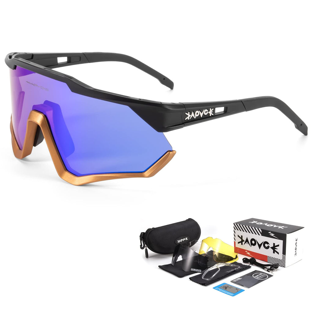 KAPVOE Cycling Glasses Polarized Mountain Bike Sunglasses Women Men MTB Bicycle Riding Motorcycle with 4 Lenses Black-golden - BeesActive Australia