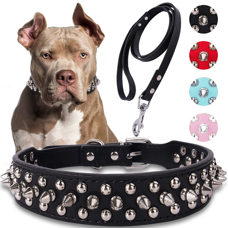 Spiked Studded Leather Dog Collar with Leash, Epesiri Rivet PU Leather Dog Collars for Pit Bull, Durable Leather Cat Collar with Spiked Studded for Small Medium Large Breed Best Gift Pet Rivet Collar Black L=13.7"-16" - BeesActive Australia
