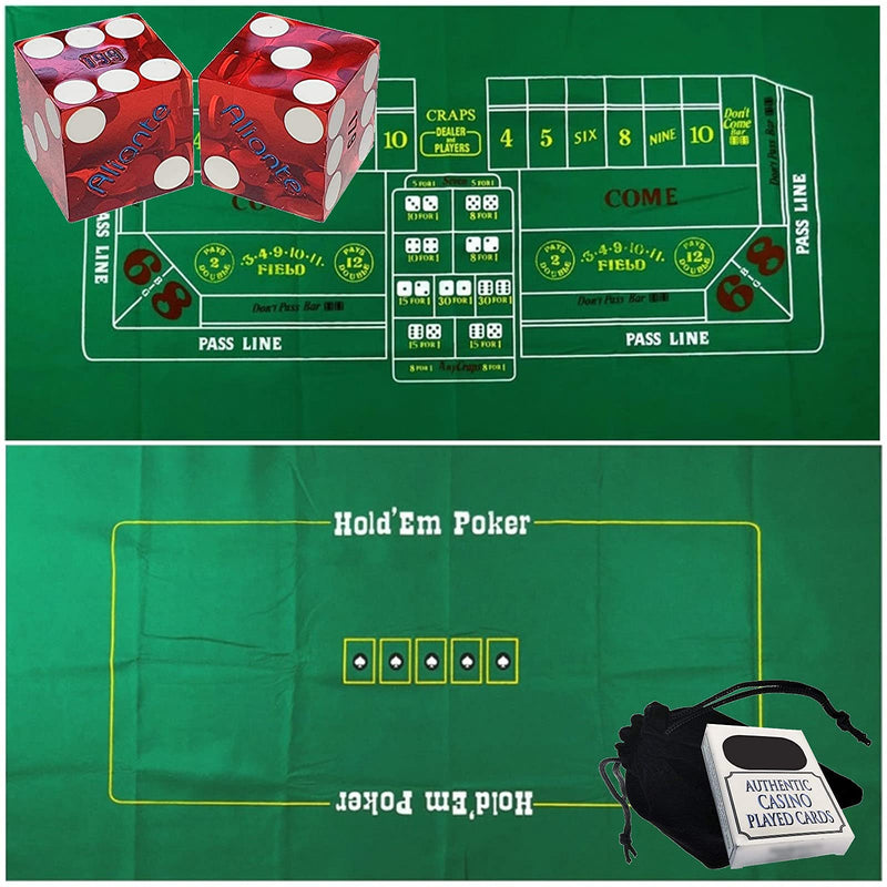 Craps & Texas Hold'em Poker Essentials Set: 2-Sided 6ft x 3ft Felt Layout, Las Vegas Casino Table-Played Dice & Cards, Plus Storage Pouch - BeesActive Australia