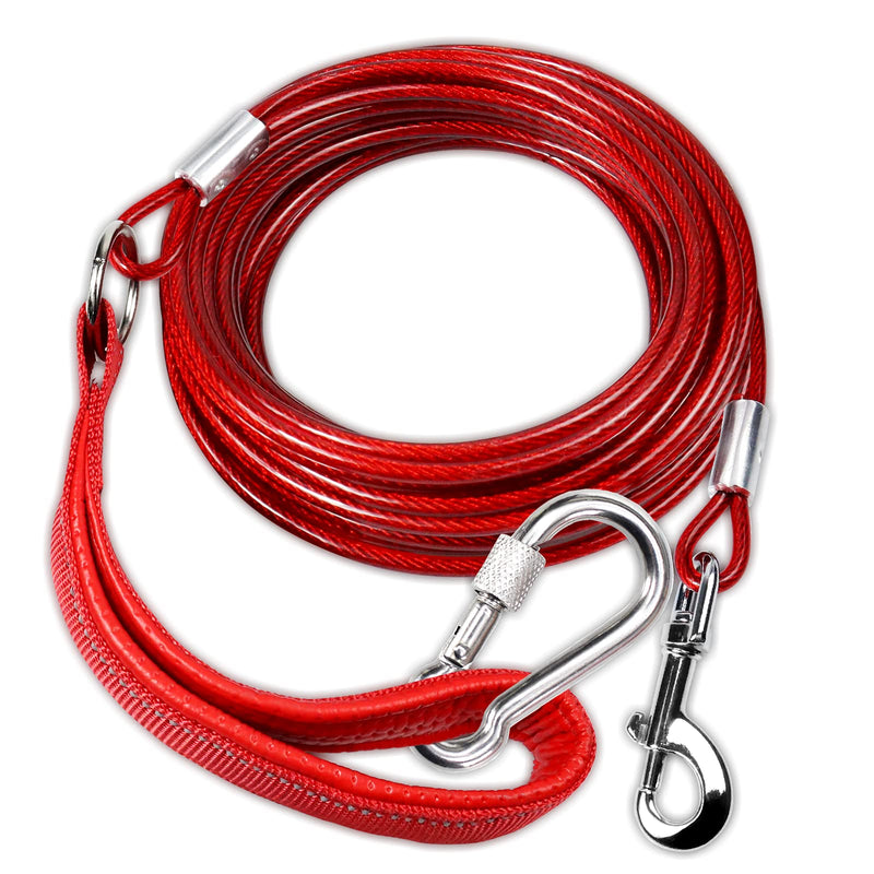 Long Dog Leash Chew Proof, Tie Out Cable for Dogs Heavy Duty 10/20/30/50 ft with Carabiner, Dog Leads for Yard for Medium Large Dogs, Durable Dog Long Leashes with Padded Handle for Training Walking Red 30FT - BeesActive Australia