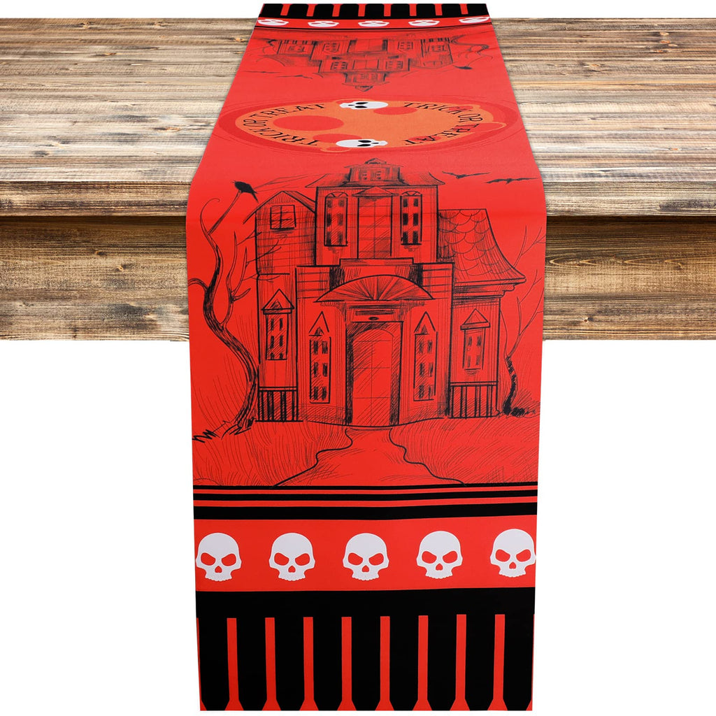 Halloween Table Runner 72 inch Tablecloth Red & Black Runners Halloween Table Cover Haunted House Skull Ghost Pattern Halloween Party Supplies Scary Movie Nights for Fireplace Home Kitchen Decorations - BeesActive Australia