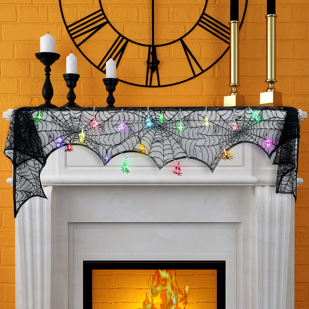 Halloween Black Lace Spider Web Fireplace Ornament Spooky Bat Spiderweb Lace Tablecloth Fireplace Mantel Scarf Cover with 10 LED Spider Lights Halloween Spider String Lights for Table Door Fireplace - BeesActive Australia
