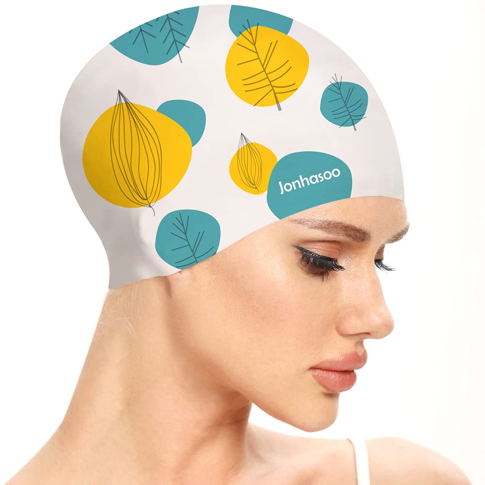 Jonhasoo Silicone Swim Cap for Women, Waterproof Swimming Caps with LeafPrinted White - BeesActive Australia