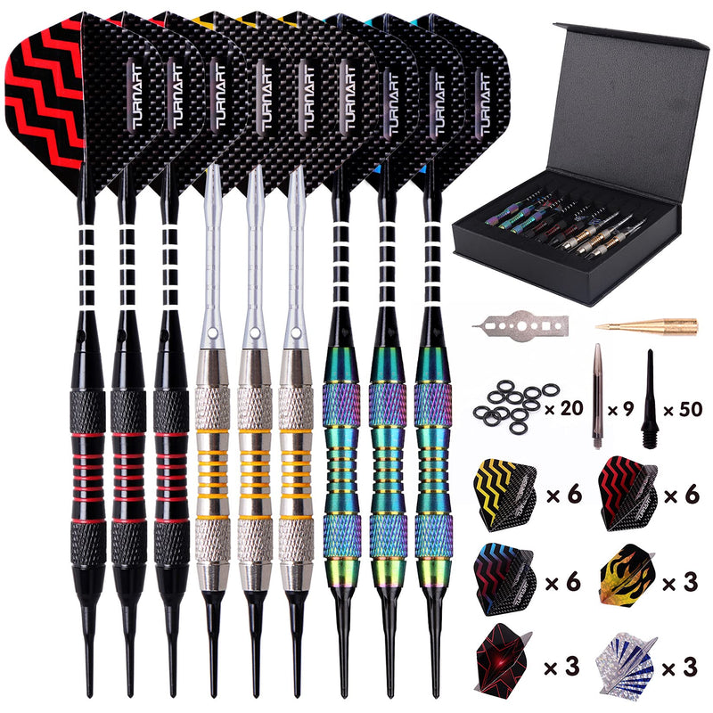 Darts Plastic Tip Professional Soft Tip Darts Set for Electronic Dartboard 9 Pcs 18 Grams with 50 Extra Tips 9 Shafts 27 Flights Tool Kit Gift Darts Case Color - BeesActive Australia