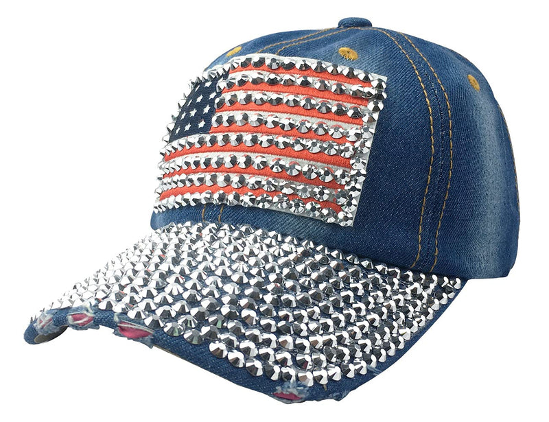 Kangqifen Unisex Rhinestone US Flag Distressed Washed Denim Baseball Cap Shiny Bling Frayed Brim Hat Blue - BeesActive Australia