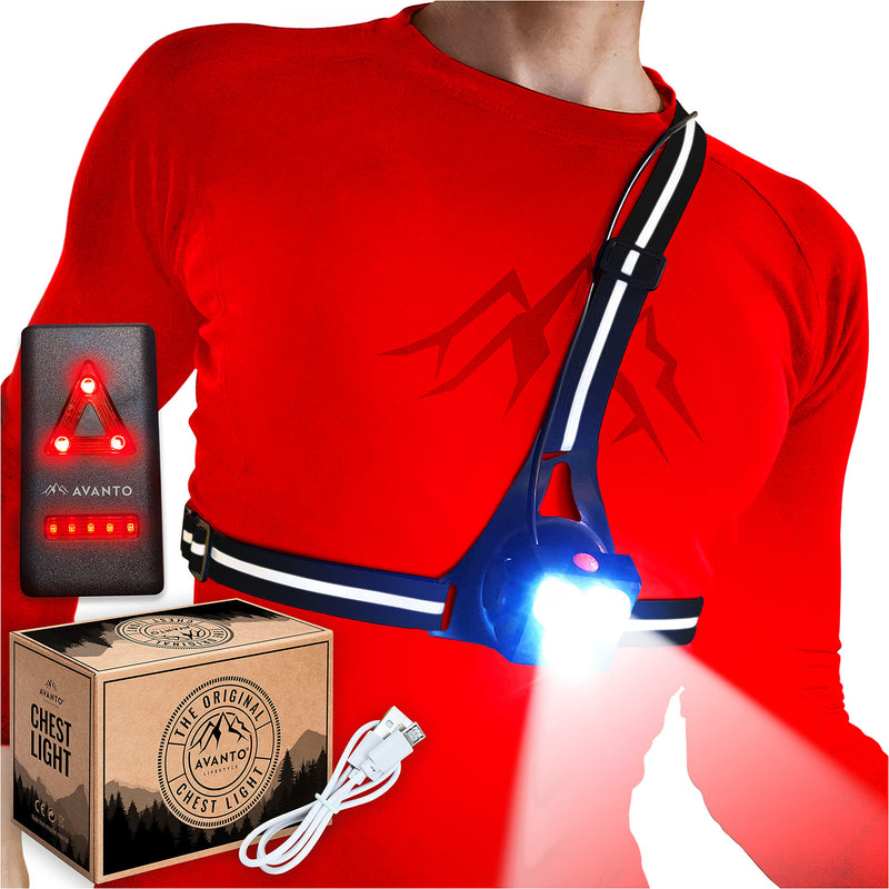 AVANTO Triple Beam Chest Light, Original, 500 Lumen Outdoors LED Night Running Lights for Runners and Joggers, Dog Walkers, Long 5-7h Usetime, Strong USB Rechargeable 2200mAh Battery, Reflective Vest Black - BeesActive Australia