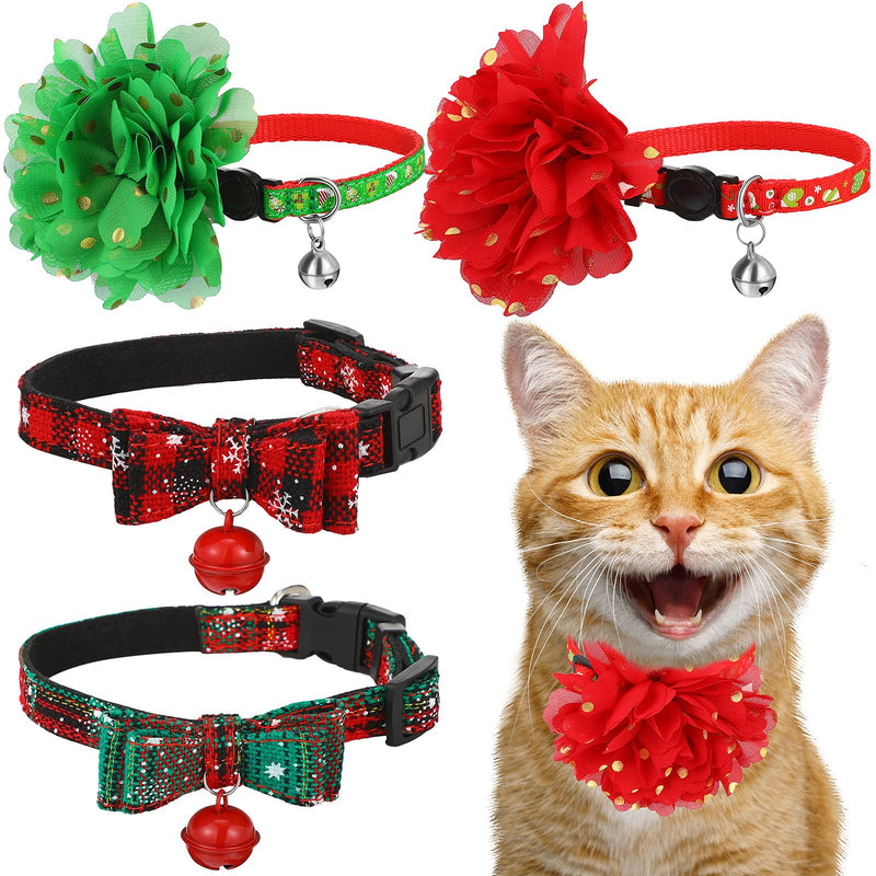 4 Piece Christmas Cat Collar Breakaway Adjustable Safety Kitty Collar with Cute Bow Tie and Bell Snowflake Plaid Cat Collar with Green Red Kitten Accessories Pet Collar Flower for Small Animal Holiday - BeesActive Australia