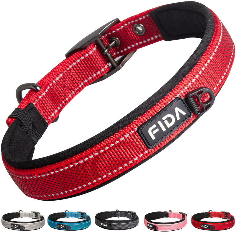 Fida Heavy Duty Dog Collar, Ultra Comfortable Soft Neoprene Padded, Adjustable Reflective Nylon Pet Collar with Durable Metal Belt Buckle for Small/Medium/Large/X-Large Breeds Medium(14.5"-19") Red - BeesActive Australia