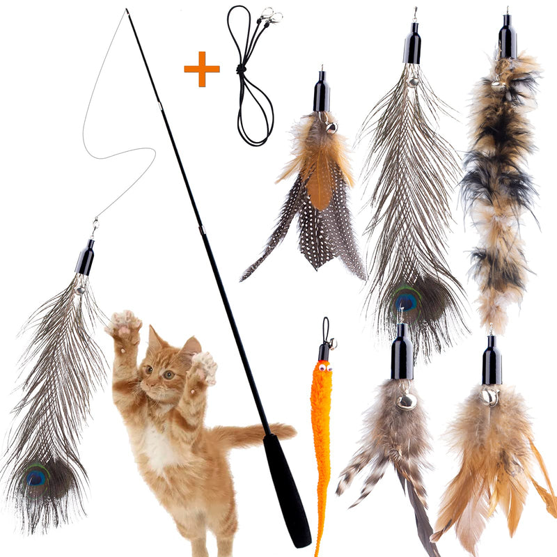 Retractable Cat Wand Toy for Indoor Cats Interactive Cat Feather Toys with Bell 8 Packs Kitten Toys with Fishing Pole Replaceable Worm Feather Tail Cat String Toy Gift for Indoor Outdoor - BeesActive Australia