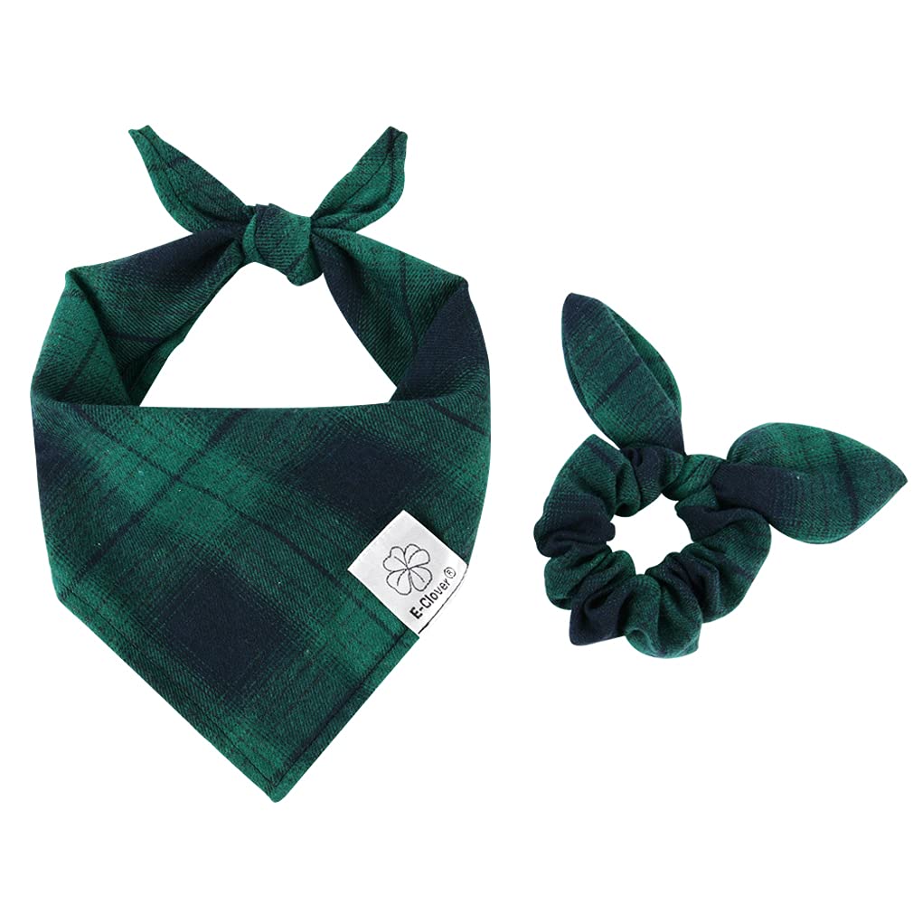 Dog Bandanas & Matching Scrunchie Set Plaid Dog Scarf Bibs with Bow Scrunchies for Dogs Owner & Small Medium Large Pet 02-green plaid - BeesActive Australia